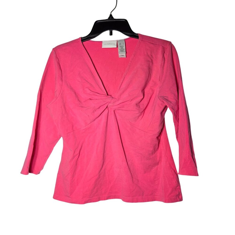 Liz Claiborne Womens Hot Pink Babydoll Top Size Large‎ Y2K Twist Front Stretch
